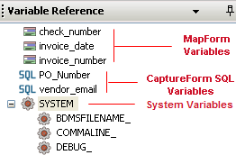 The variable reference window. This list is showig map form variables, capture form variables, and system variables. 